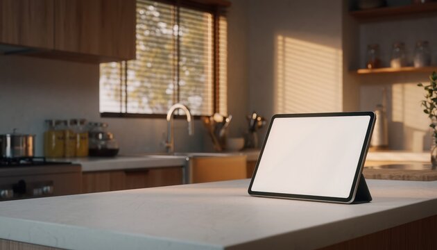 Modern Kitchen Digital Display: A sleek tablet with a blank screen sits on a modern kitchen countertop, illuminated by natural light filtering through the blinds.