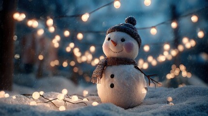 snowman surrounded by glowing Christmas lights,