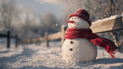 snowman wearing red scarf in snowy park,