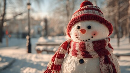 snowman wearing red scarf in snowy park,