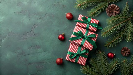 Festive christmas gifts with green ribbons and pine branches on dark green background
