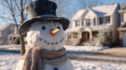 Snowman with top hat, carrot nose, and scarf in front yard,
