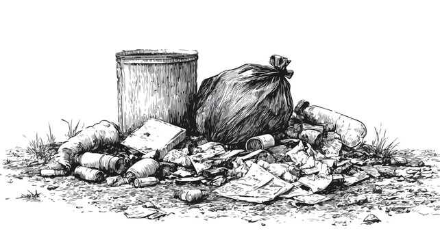 Trash to Treasure: Detailed Drawing of Trash and Litter on Ground Vector Illustration