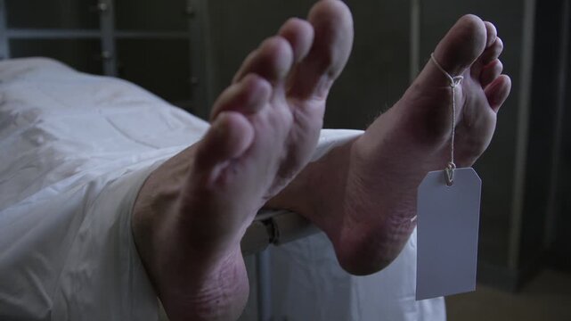 Feet of A corpse on a gurney in a hospital morgue