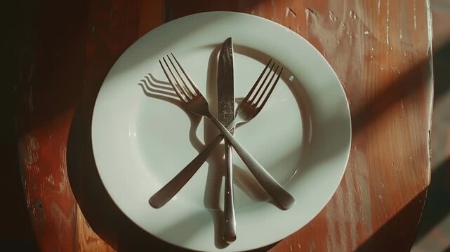 Video A simple still life scene featuring a white plate with silverware placed on a wooden table