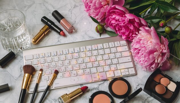 Beauty Blogger's Desk with Cosmetics and Keyboard: A modern, chic workspace featuring a collection of high-end makeup products, a sleek keyboard, a delicate flower arrangement.