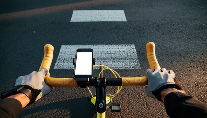 Rider Perspective: A cyclist grips the handlebars with focused determination, navigating a smooth asphalt road with an integrated smartphone mount.