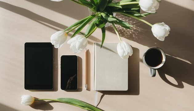 Floral Workspace Arrangement: A stylish workspace featuring a bouquet of delicate white tulips beside a digital tablet, smartphone, notebook, pen, and a cup of coffee. The scene is bathed in soft. - Powered by Adobe