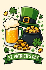 St. Patrick&rsquo;s Day Cartoon Illustration with Leprechaun Hat, Shamrocks, Gold Coins, and Beer Mug