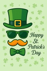 St. Patrick&rsquo;s Day Cartoon Illustration with Leprechaun Hat, Shamrocks, Gold Coins, and Beer Mug