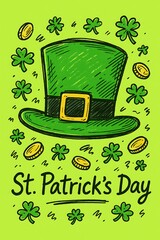 St. Patrick&rsquo;s Day Cartoon Illustration with Leprechaun Hat, Shamrocks, Gold Coins, and Beer Mug