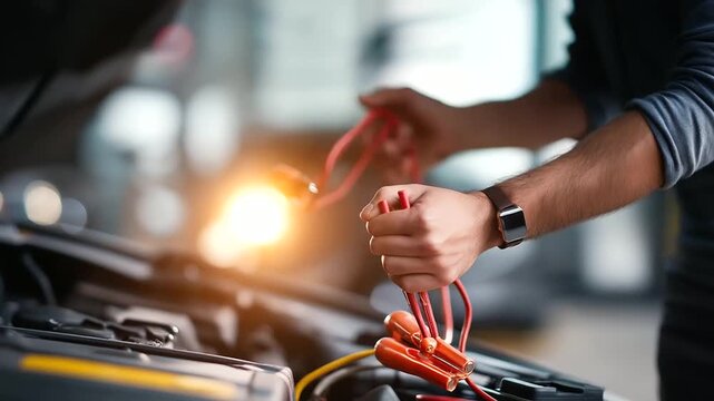 Faceless mechanic using jumper cables to start car in auto shop automotive service battery jump start vehicle repair professional mechanic garage service car maintenance wit