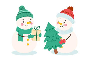 Cheerful Snowmen Exchanging Gifts with Christmas Tree and Wrapped Present in Cozy Winter Scene