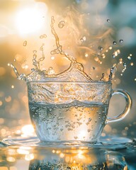 Clear glass cup filled with splashing water drink refreshing hydration liquid beverage photography