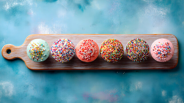 A colorful array of decorative bath bombs dusted with sprinkles arranged on a wooden board. - Powered by Adobe