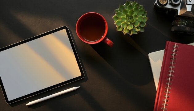 Workplace Essentials: A modern workspace comes alive with the presence of a tablet, coffee, succulent, and other key items on a desk, creating a mood of creative focus and productivity.