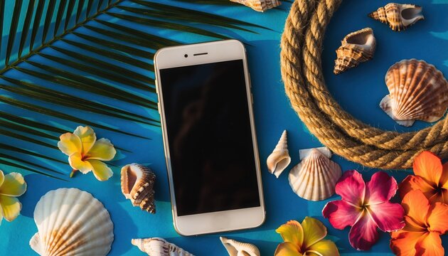 Coastal Connectivity: A smartphone rests amidst seashells, vibrant flowers, and a rope on a blue surface, representing travel, summer, communication, and digital connections. 
