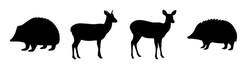 Black silhouette drawing of african wildlife animals including antelopes and porcupines vector art