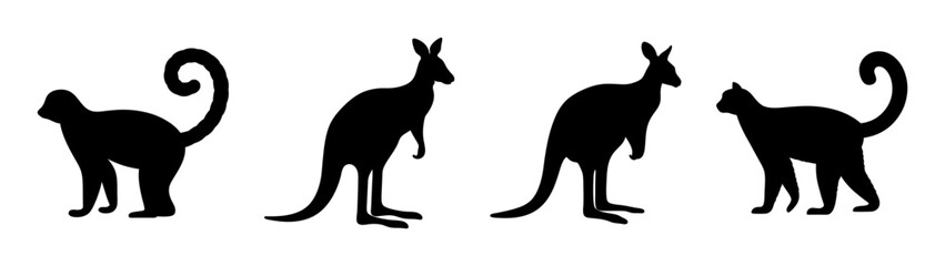Black silhouette of cats and kangaroos vector illustration animal wildlife drawing image design graphic art