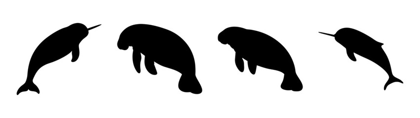 Silhouette of manatees swimming underwater, marine mammal art, sea cow illustration vector design