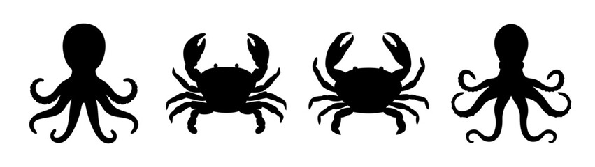 Vector silhouette of octopus and crawfish seafood illustration marine life underwater creatures design