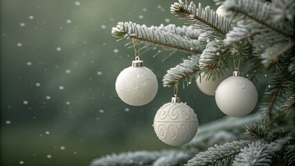 Elegant christmas tree ornaments with snowfall on evergreen branches