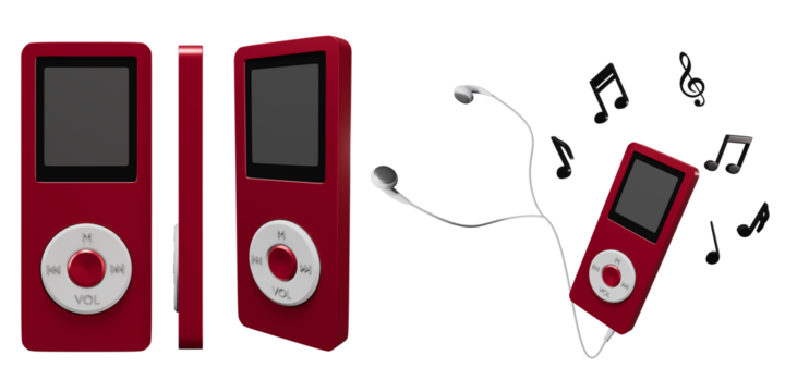 3D render of an old red mp3 player with white earphones on a transparent background