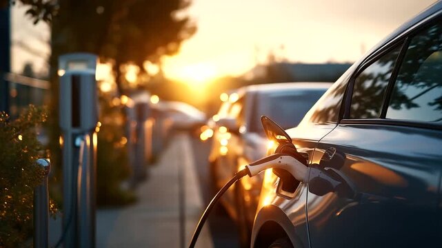 Electric cars charging at charging station outdoors at sunset evening EV charging sustainable transportation golden hour lighting green energy technology multiple vehicle char - Powered by Adobe