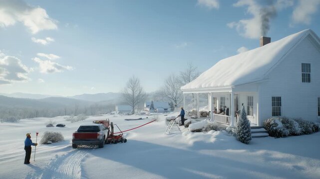 In a stunning winter setting, people work together to pull a car out of snow near a cozy house surrounded by mountains