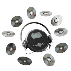 3D render of a retro black CD player with headphones surrounded by many CDs on a transparent background © voxelbloom