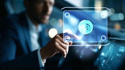 Faceless businessman using modern smart car interface with futuristic digital display 3D rendering visualization automotive technology connected vehicle intelligent - Powered by Adobe