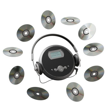 3D render of a retro black CD player with headphones surrounded by many CDs on a transparent background