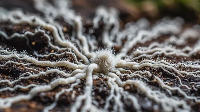 Detailed macro sequence captures network of pale mycelial threads slowly creeping in star like pattern through moist forest substrate, illustrating hidden underground growth phase of fungi or slime