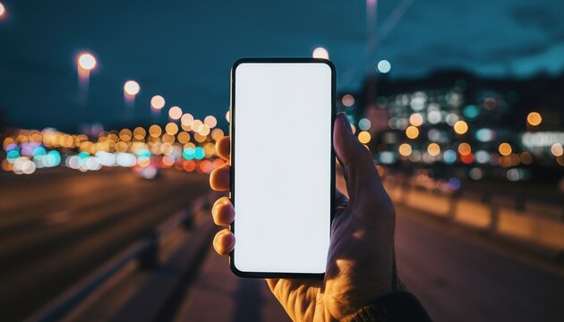 Smartphone Display in the Evening: A hand holds a sleek smartphone with a blank screen, the blurred lights of the cityscape in the background, a moment of connection and technology.