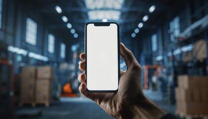 Digital Warehouse Connection: A hand confidently holds a sleek smartphone with a blank screen, set against the backdrop of a vast warehouse, symbolizing innovation and connectivity.