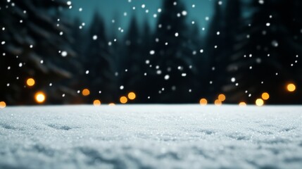 Fototapeta premium Snowy Winter Night Bokeh Lights Over Snow-Covered Ground, Holiday, Scenery