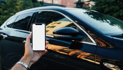 Smart Technology in Modern Transport: A hand holding a smartphone with a blank screen positioned next to a sleek, modern car, hinting at connectivity and technological advancement.