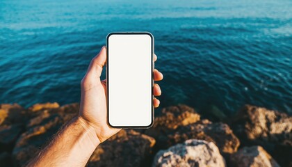 Smartphone's Seaside View: A hand firmly grasps a sleek smartphone, its blank screen offering a window to the vast blue ocean and rugged coastal rocks. The photo evokes a sense of connectivity.