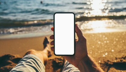 Coastal Connection: A person on a sandy beach, holding a smartphone with a blank screen, framing the idyllic backdrop of the ocean.