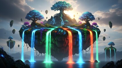 Fantasy landscape with floating island and colorful waterfalls flowing into a serene lake