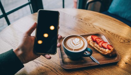 A Moment of Indulgence: A person is enjoying a serene cafe setting, capturing a moment of personal experience with a smartphone alongside a cup of latte and pastry