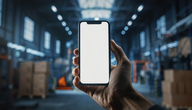 Digital Warehouse Connection: A hand confidently holds a sleek smartphone with a blank screen, set against the backdrop of a vast warehouse, symbolizing innovation and connectivity.