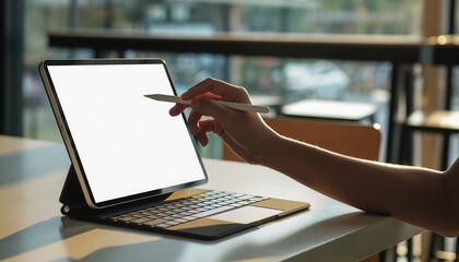 Tablet at Workspace: A focused hand with a stylus, meticulously interacts with the blank screen of a modern tablet.