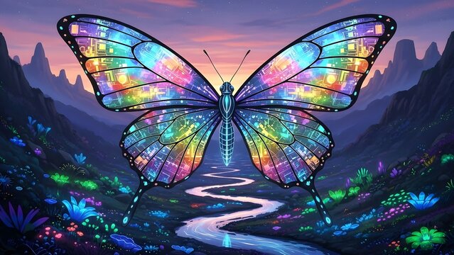 Digital art illustration of large colorful butterfly with intricate wings in fantastical landscape