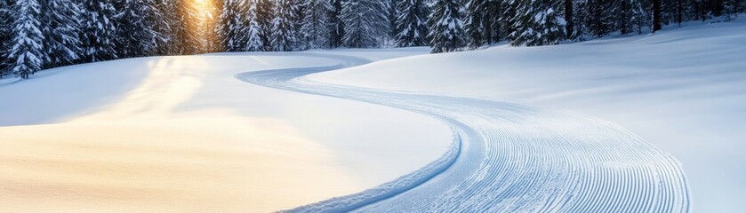 Obraz premium Winding Ski Track Through Snowy Forest at Sunset, Winter , Snow