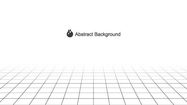 Minimal vector art perspective grid plane with abstract background text and round lab flask icon on white futuristic technical layout