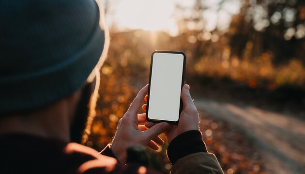 Hand-held phone mockup on nature background: A person views blank smartphone screen in a natural environment, utilizing technology in an outdoor setting.