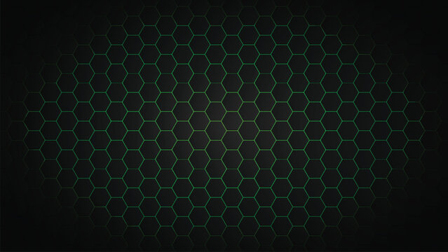 Futuristic vector art of glowing green hexagon grid forming tunnel effect on dark background, central oval highlight, neon cyber style, abstract tech pattern