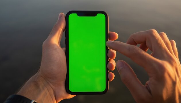 A Finger Tapping Screen: A close-up shot captures the hand holding a sleek smartphone, fingers delicately touching the vibrant green screen.