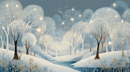 A whimsical winter landscape with trees covered in sparkling snow